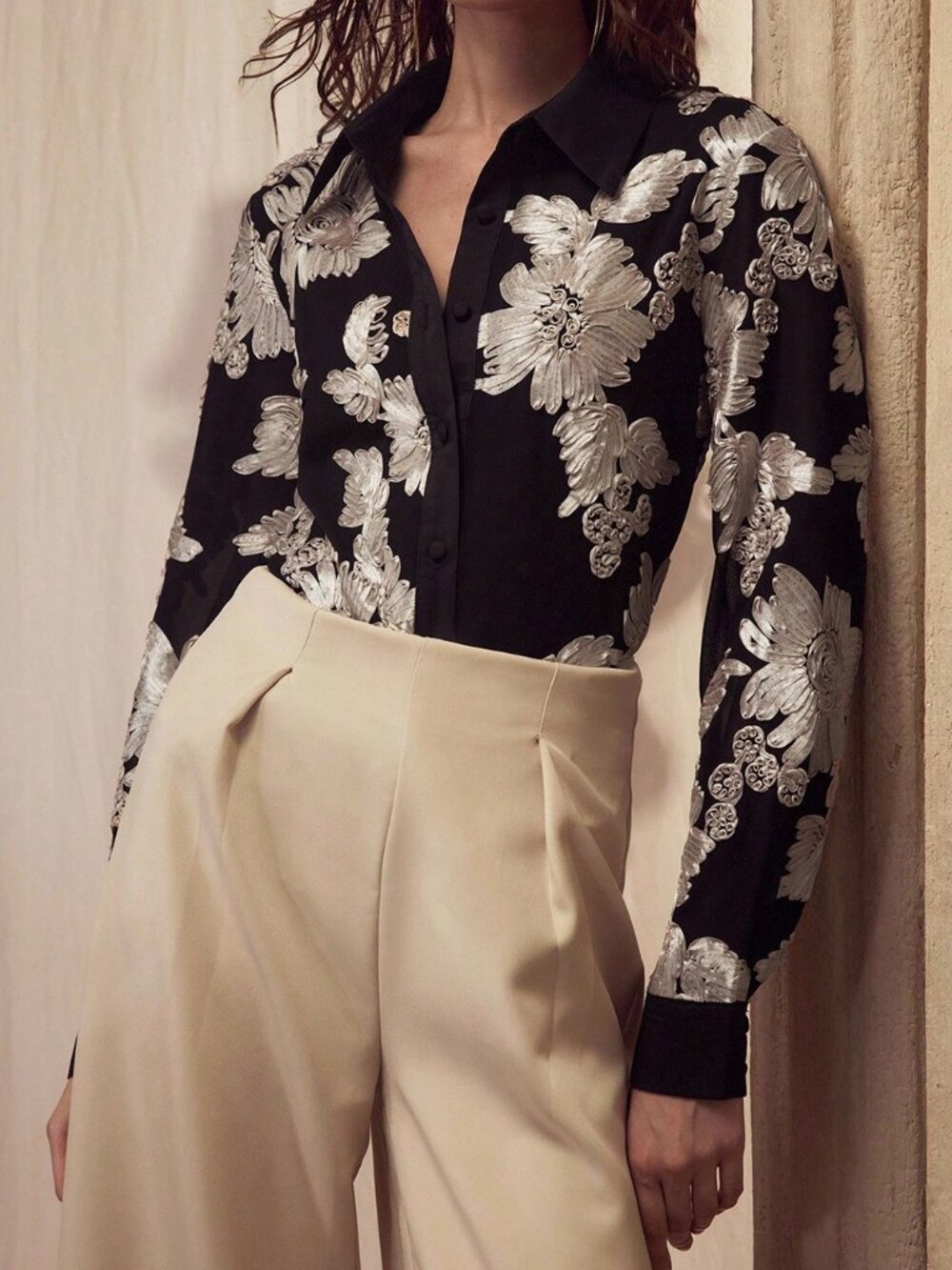 Black Elegant Women's Embroidered Button Up Shirt - Picture 8 of 8
